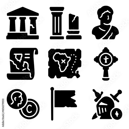 Ancient Ruins Icons. Solid, filled icon set of remains in history: ancient ruins, broken columns, cracked statues, faded