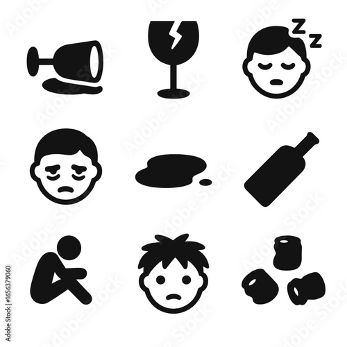 Alcohol Aftermath Icons. Solid, filled icon set of alcohol consumption aftermath: spilled drink, broken glass, sleepy person,