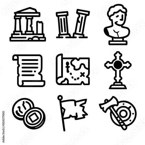 Ancient Ruins Icons. Solid, filled icon set of remains in history: ancient ruins, broken columns, cracked statues, faded