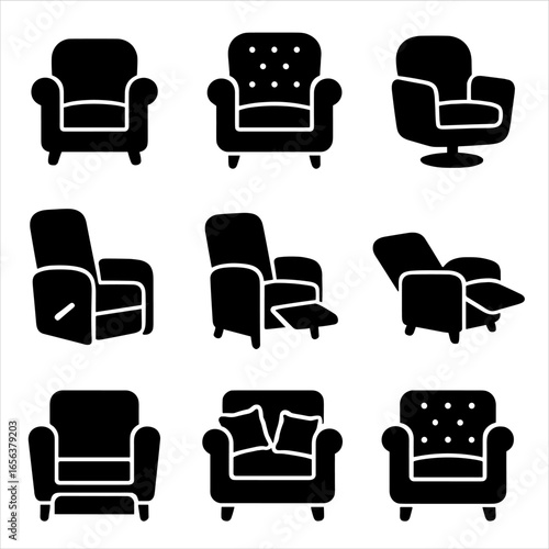 Armchair Icon Set. Solid, filled icon set of armchair features: cushioned seat, padded armrests, wooden legs, upholstery fabric,
