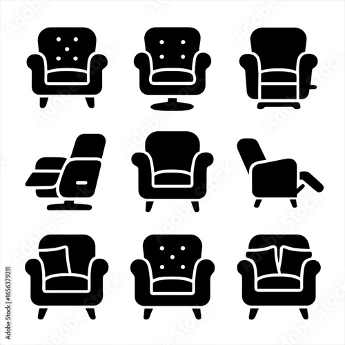 Armchair Icon Set. Solid, filled icon set of armchair features: cushioned seat, padded armrests, wooden legs, upholstery fabric,