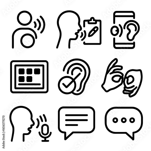 Assistive Communication Icons. Solid, filled icon set of Assisting with communication for someone with a speech or hearing