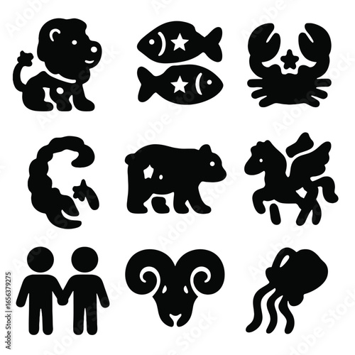 Astrological Icons Grid. Solid, filled icon set of child-friendly constellation symbols: lion star, fish pair, crab claws,