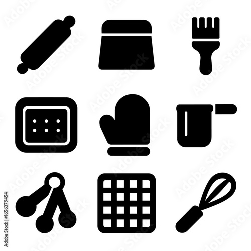 Baking Utensils Icons. Solid, filled icon set of baking utensils: rolling pin, dough scraper, pastry brush, baking tray, oven mitt