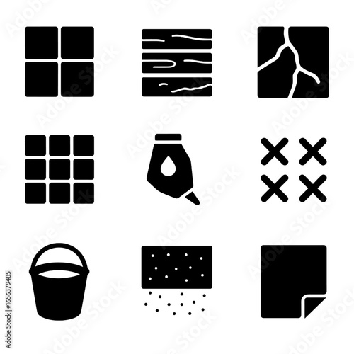 Bathroom Material Icons. Solid, filled icon set of bathroom wall and floor materials: ceramic tile, vinyl plank, marble slab,