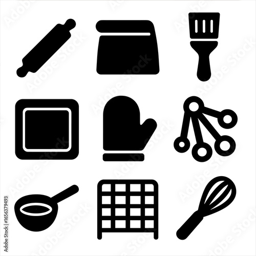 Baking Utensils Icons. Solid, filled icon set of baking utensils: rolling pin, dough scraper, pastry brush, baking tray, oven mitt