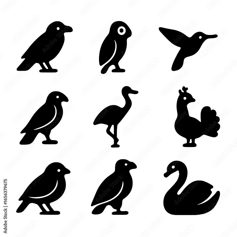 Fototapeta premium Bird Silhouette Grid. Solid, filled icon set of bird silhouettes: crow, parrot, hummingbird, falcon, crane, peacock, sparrow,
