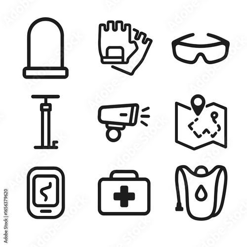 Biking Gear Icons. Solid, filled icon set of biking gear essentials: bike lock, cycling gloves, sunglasses, tire pump, bike light,