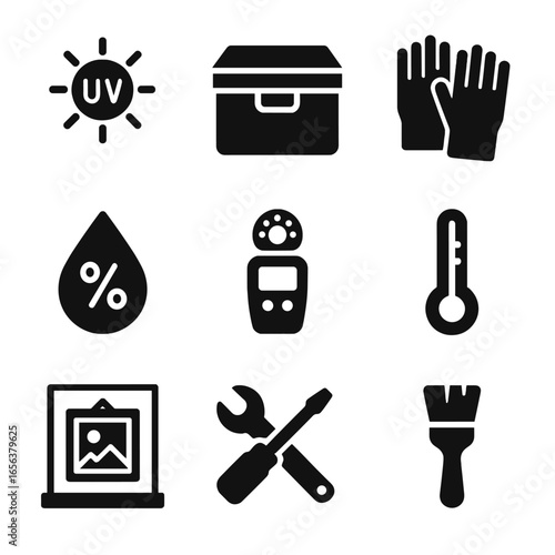Bioluminescent Art Tools. Solid, filled icon set of bioluminescent art conservation: UV filter, storage box, gloves, humidity