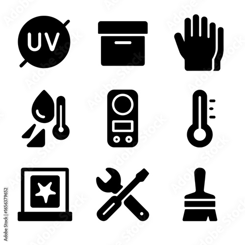 Bioluminescent Art Tools. Solid, filled icon set of bioluminescent art conservation: UV filter, storage box, gloves, humidity