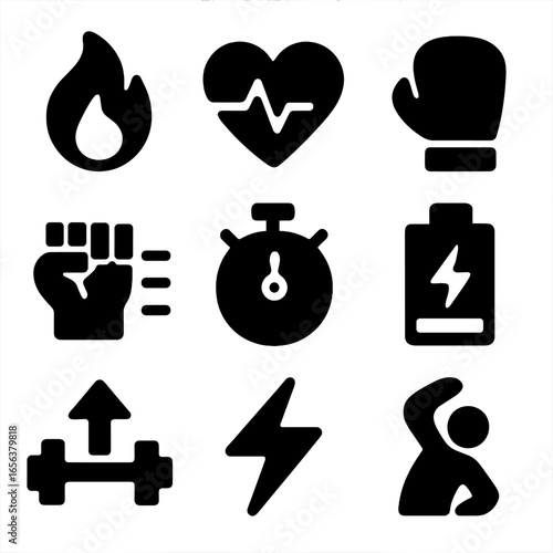 Boxing Icon Metrics. Solid, filled icon set of Boxing workout fitness metrics: calories burned, heart rate, reps count, rounds