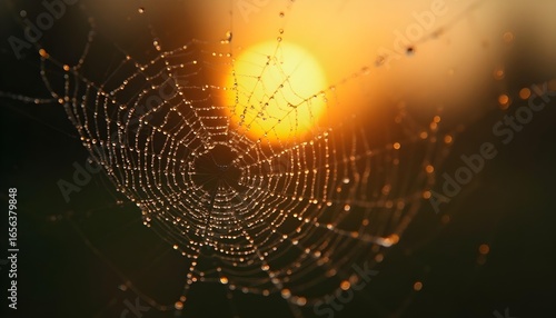 macro photography of dew drops on spiderweb at golden hour, bokeh background, hyperdetailed