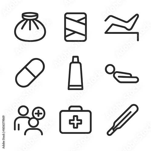 Bruise Treatment Icons. Solid, filled icon set of bruised skin treatment: ice pack, compression bandage, elevation of limb, pain