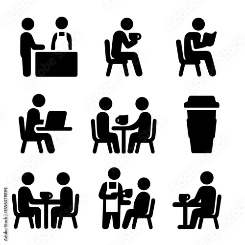 Café Experience Icons. Solid, filled icon set of café customer experiences: ordering at counter, sipping coffee, reading a book,