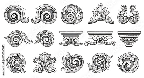 Set of vintage ornamental decorative elements and architectural details in black and white decoration