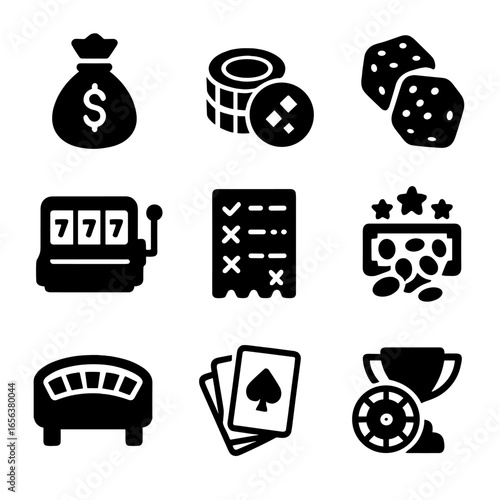 Casino Icons Collection. Solid, filled icon set of money bag gambling and games: poker chips, dice, slot machine, lottery ticket,