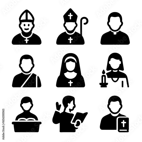 Catholic Clergy Icons. Solid, filled icon set of Catholic clergy and roles: pope, bishop, priest, deacon, nun, altar server,
