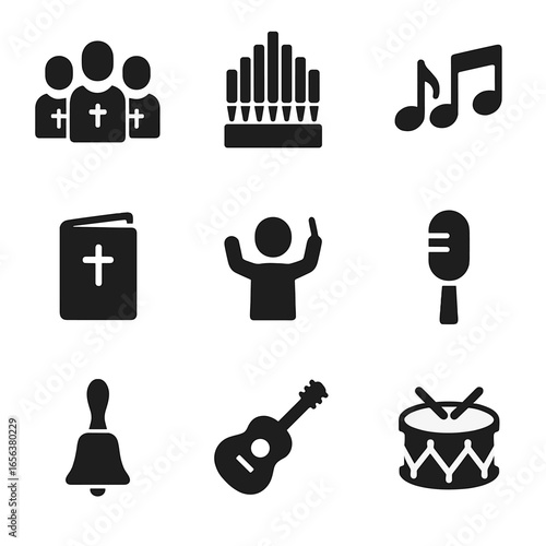 Christian Music Icons. Solid, filled icon set of Christian music and choir: choir singers, organ, musical notes, hymn book,