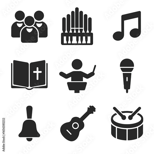 Christian Music Icons. Solid, filled icon set of Christian music and choir: choir singers, organ, musical notes, hymn book,