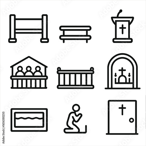 Church Service Icons. Solid, filled icon set of Church service seating and space: pew, kneeler, pulpit, choir loft, altar rail,