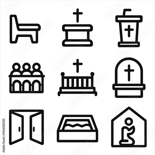 Church Service Icons. Solid, filled icon set of Church service seating and space: pew, kneeler, pulpit, choir loft, altar rail,