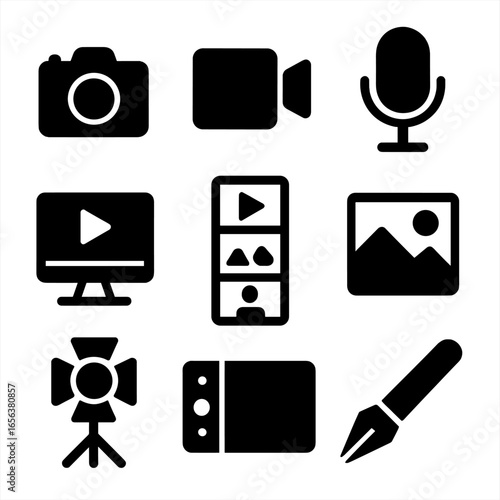 Content Creation Icons. Solid, filled icon set of content creation: camera, video recorder, microphone, editing software,