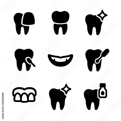 Cosmetic Dentistry Icons. Solid, filled icon set of cosmetic dentistry: veneers, crowns, teeth whitening, bonding, smile makeover,