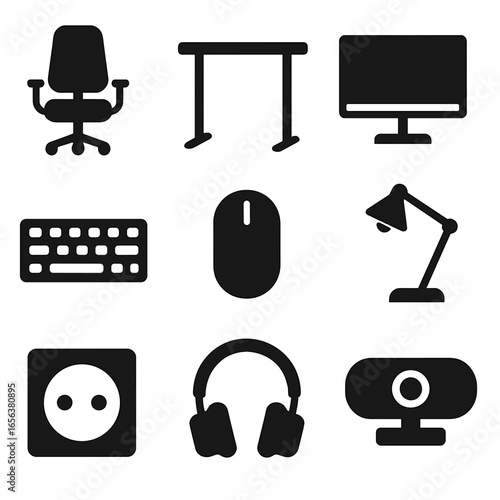 Coworking Space Icons. Solid, filled icon set of coworking space equipment: ergonomic chair, standing desk, monitor, keyboard,