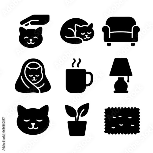 Cozy Cat Icons. Solid, filled icon set of peaceful cat cuddling: hand petting, sleeping cat, cushioned couch, warm blanket, coffee