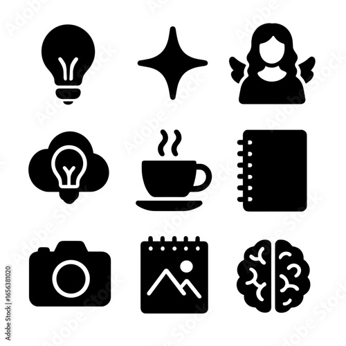 Creative Inspiration Icons. Solid, filled icon set of creative inspiration: light bulb, spark, muse figure, idea cloud, coffee cup