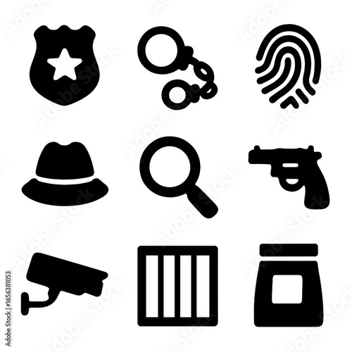 Crime Icons Grid. Solid, filled icon set of crime TV characters: police badge, handcuffs, fingerprint, detective hat, magnifying