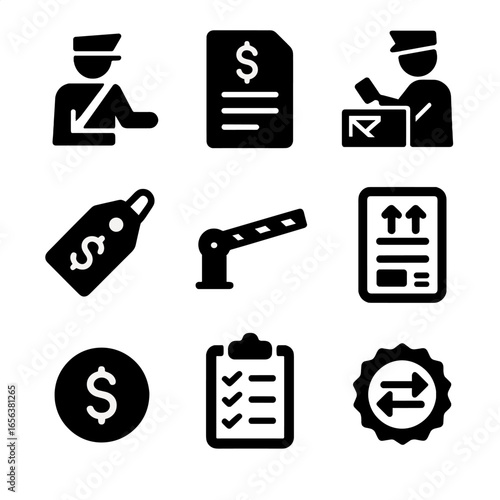 Customs Icons Set. Solid, filled icon set of tariff and customs: customs officer, tax document, cargo inspection, tariff tag,
