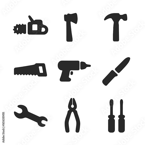 Dangerous Tools Icons. Solid, filled icon set of dangerous tools: chainsaw, axe, hammer, saw, drill, knife, wrench, pliers,