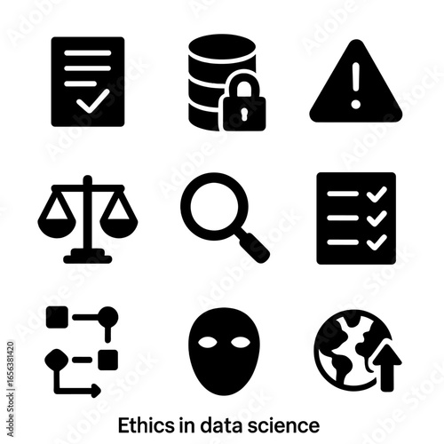 Data Ethics Icons. Solid, filled icon set of ethics in data science: consent form, data privacy icon, bias warning, fairness scale
