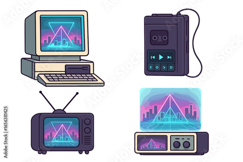 Retro technology neon grid cityscape
