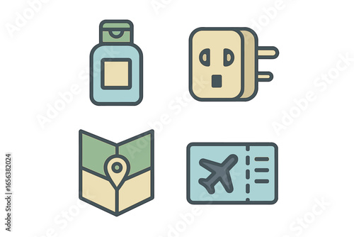 Travel Essentials Icons: Airplane, Map, Plug, Toiletries