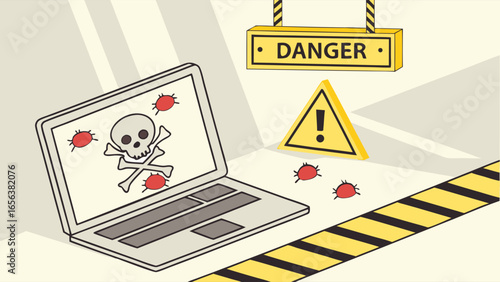 Cartoon Laptop Displaying Skull and Crossbones with Virus Icons Danger Sign.