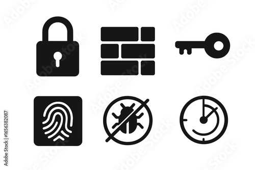 Cybersecurity Icons: Lock, Firewall, Key, Fingerprint, Bug, Timer