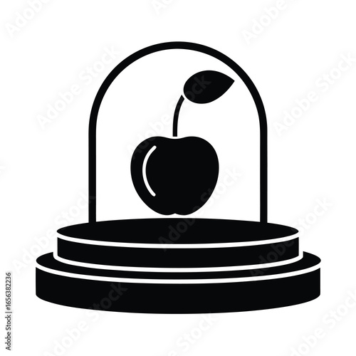 Vector art of black and illustration of a single apple a pedestal under a glass dome