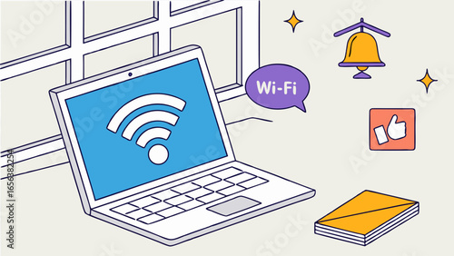 Cartoon Laptop with WiFi Symbol on Screen Surrounded by Notification Icons.
