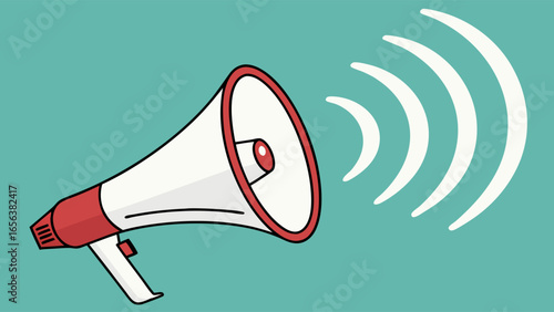Cartoon Megaphone with Sound Waves on Teal Background.