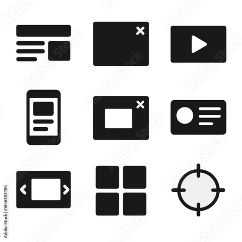 Digital Ad Icons. Solid, filled icon set of digital ad formats: banner ad, interstitial icon, video ad, mobile ad, pop-up icon,