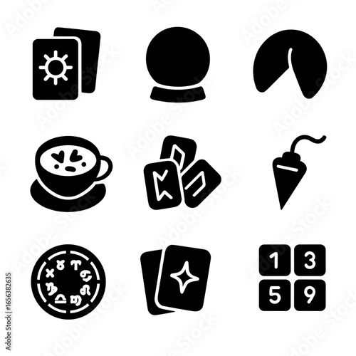 Divination Tools Icons. Solid, filled icon set of divination tools: tarot deck, crystal ball, fortune cookie, tea leaves, runes,