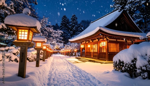 Snowy Temple Path with Japan, and Night.