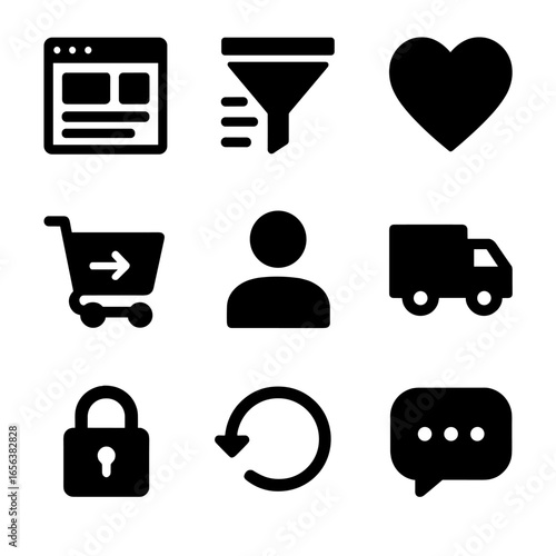 E-commerce Icon Set. Solid, filled icon set of e-commerce website features: homepage layout, product filter, wishlist icon,