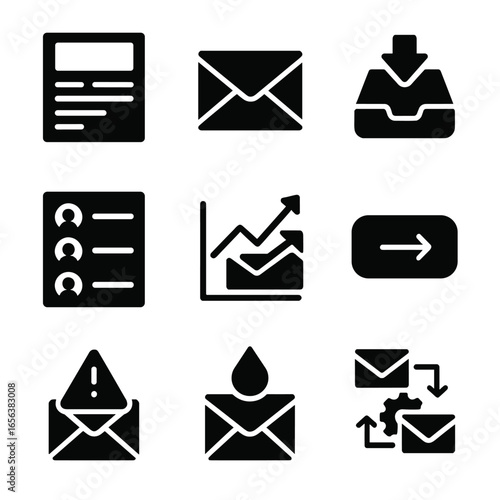 Email Marketing Icons. Solid, filled icon set of email marketing tools: newsletter icon, envelope, inbox tray, subscriber list,