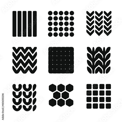 Fabric Pattern Icons. Solid, filled icon set of stretch fabric patterns: ribbing, mesh, herringbone, diamond knit, smooth weave,