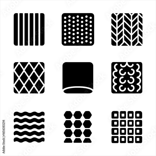 Fabric Pattern Icons. Solid, filled icon set of stretch fabric patterns: ribbing, mesh, herringbone, diamond knit, smooth weave,