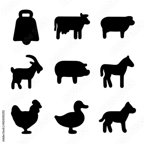 Farm Animal Icons. Solid, filled icon set of Cow bell and farm animals: cow bell, cow, sheep, goat, pig, horse, chicken, duck, dog