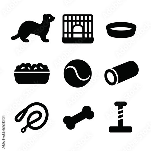 Ferret Care Icons. Solid, filled icon set of ferret: ferret, cage, food bowl, bedding, ball, tunnel, leash, chew toy, scratching